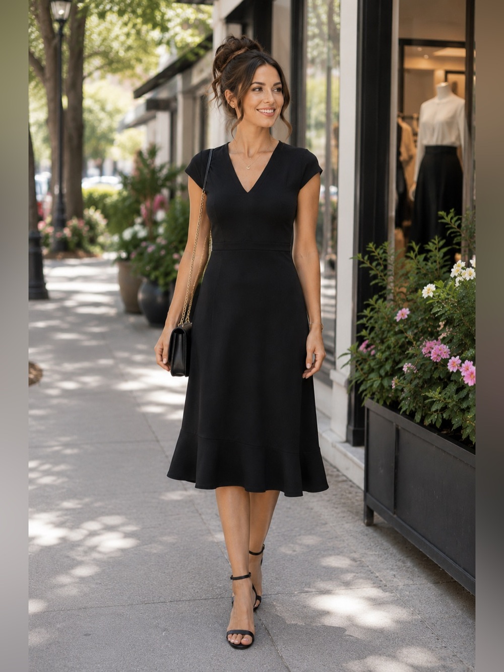 Ann Taylor LOFT Black V-Neck Ruffle Hem Midi Dress Size 8